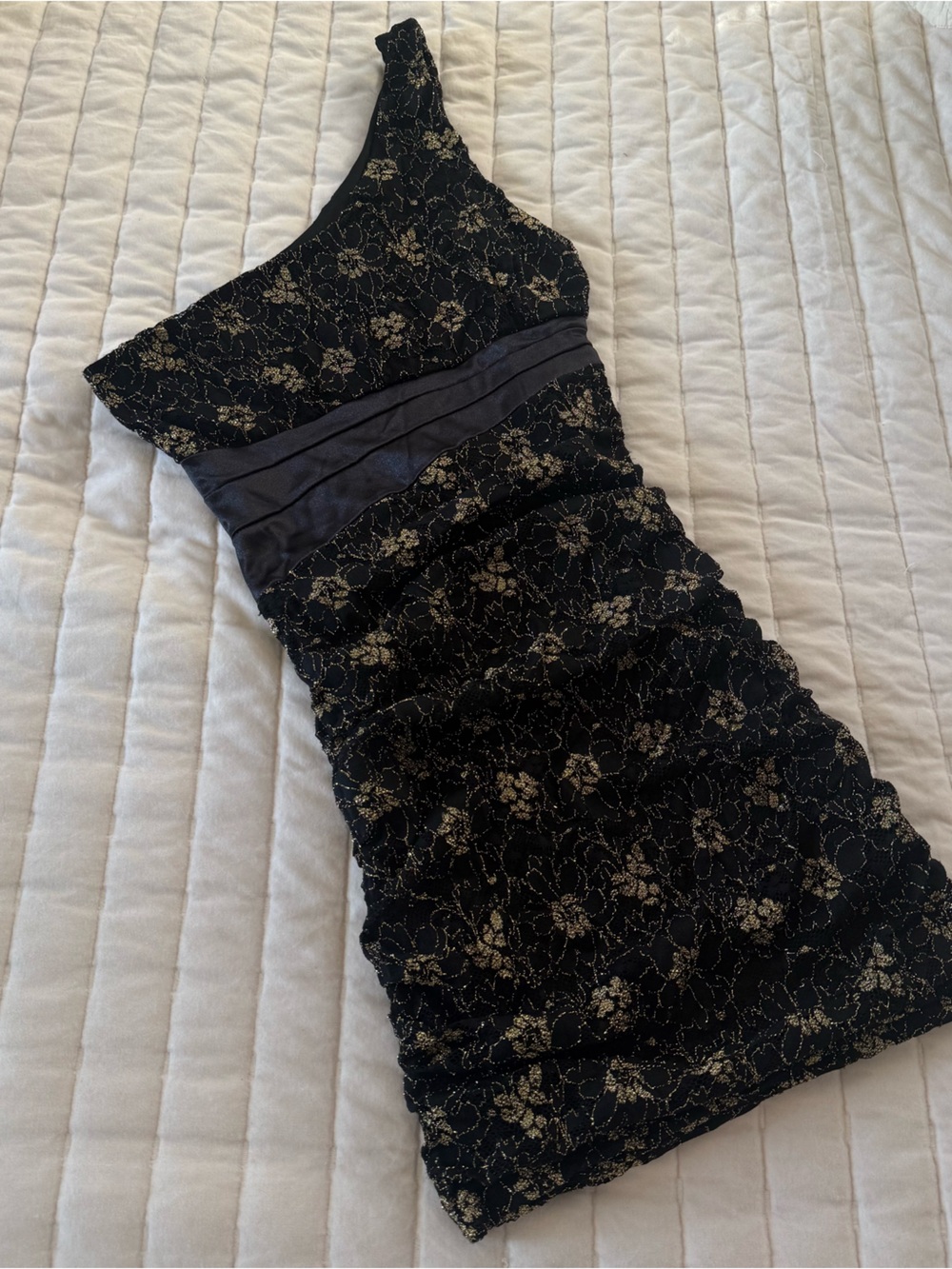 Whimsigoth Y2K coquette dark romance Metallic gold lace one shoulder dress